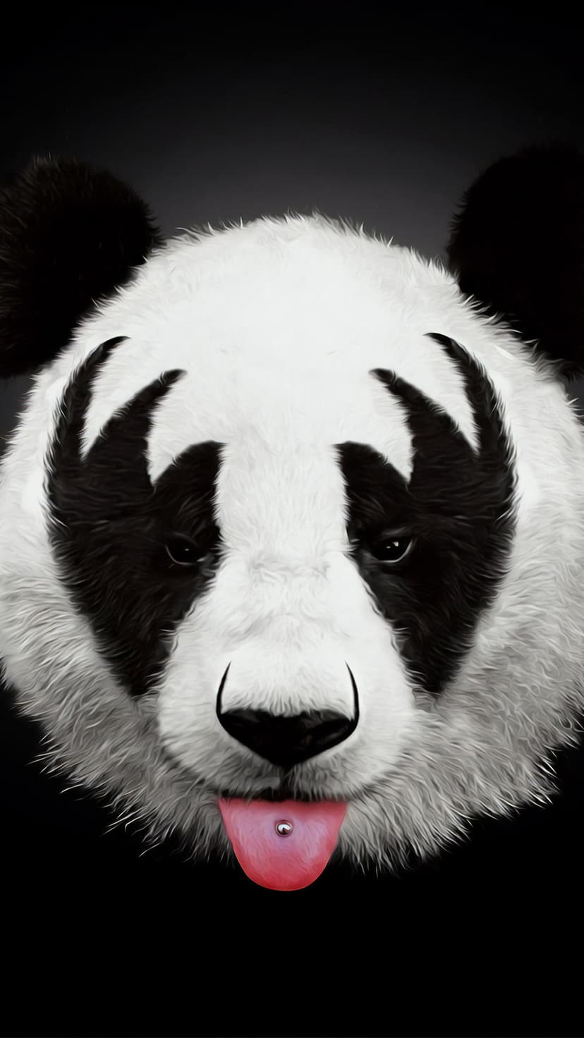 Giant panda with star face paint and a tongue piercing stares forward against a solid dark background.