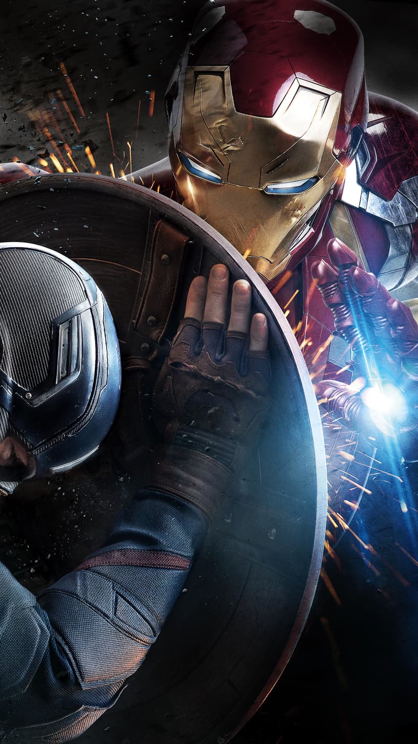 Iron Man fires a blue energy beam against Captain America's shield as golden sparks fly during an intense battle.