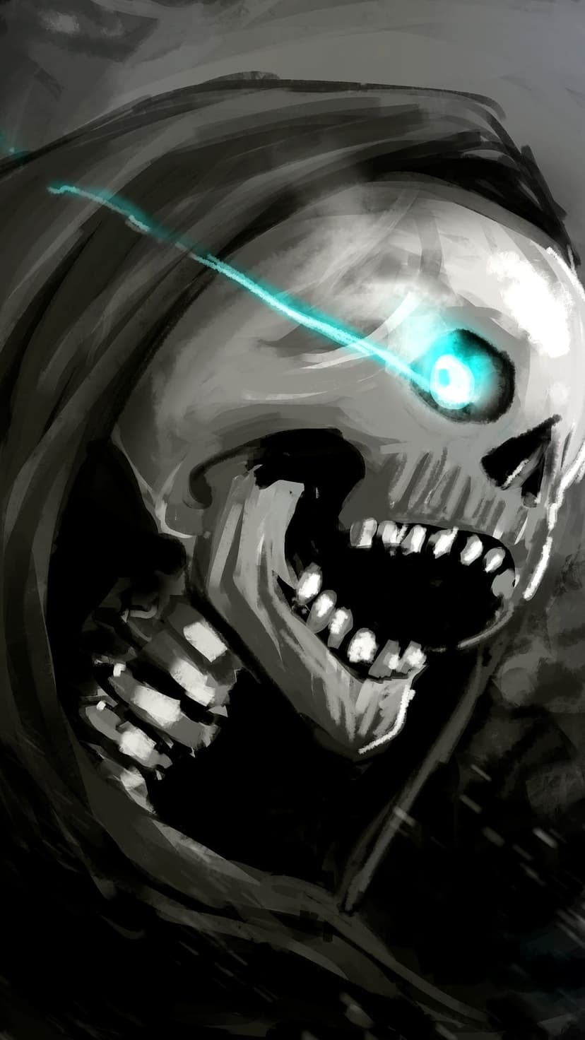 Skeletal skull with bared teeth and a single radiant blue eye socket set against a dark monochromatic backdrop.