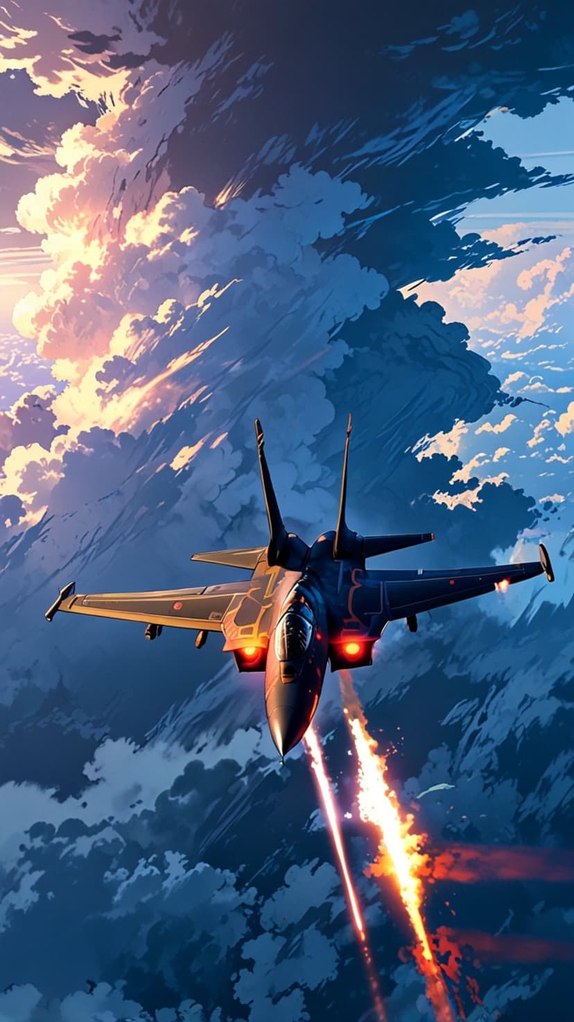 F-15 Eagle jet ejects bright orange heat flares while soaring through a dark, turbulent cloudy sky at dusk.