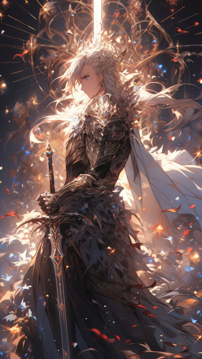 White-haired knight in golden armor holds a glowing sword aloft amidst swirling magical lights and sparkles.