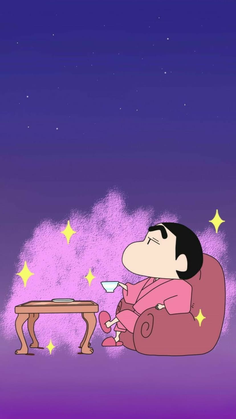 Shinchan in a pink robe sits on an armchair holding tea under a purple and blue starry night sky with clouds.