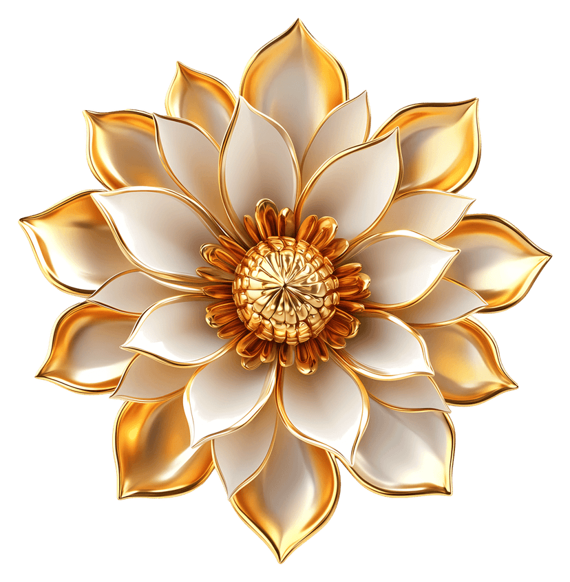 Gold and white lotus mandala featuring symmetrical layered petals with polished metallic outlines and accents.