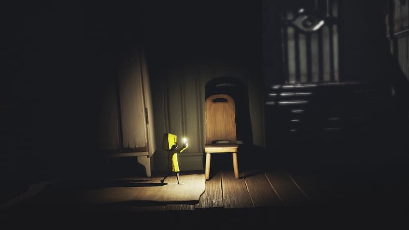 Six in a yellow raincoat holds a lighter in a dark room with a wooden chair and an ominous eye symbol on a window.