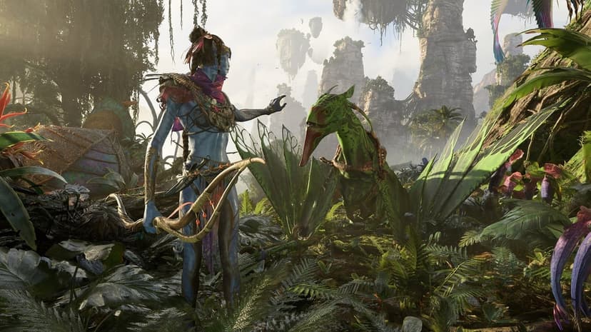 Na'vi warrior with a bow stands beside a green creature in a misty jungle with floating mountains.