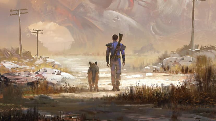 Man in a blue suit and a German Shepherd walk away toward massive rusted ruins in a hazy, sepia wasteland.