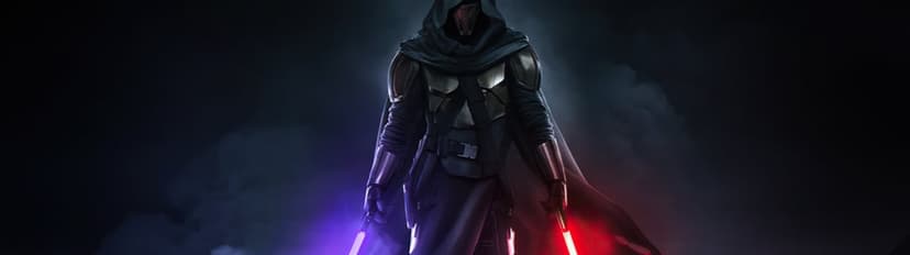 Darth Revan wearing a hooded mask holding red and purple lightsabers in a dark foggy atmosphere.