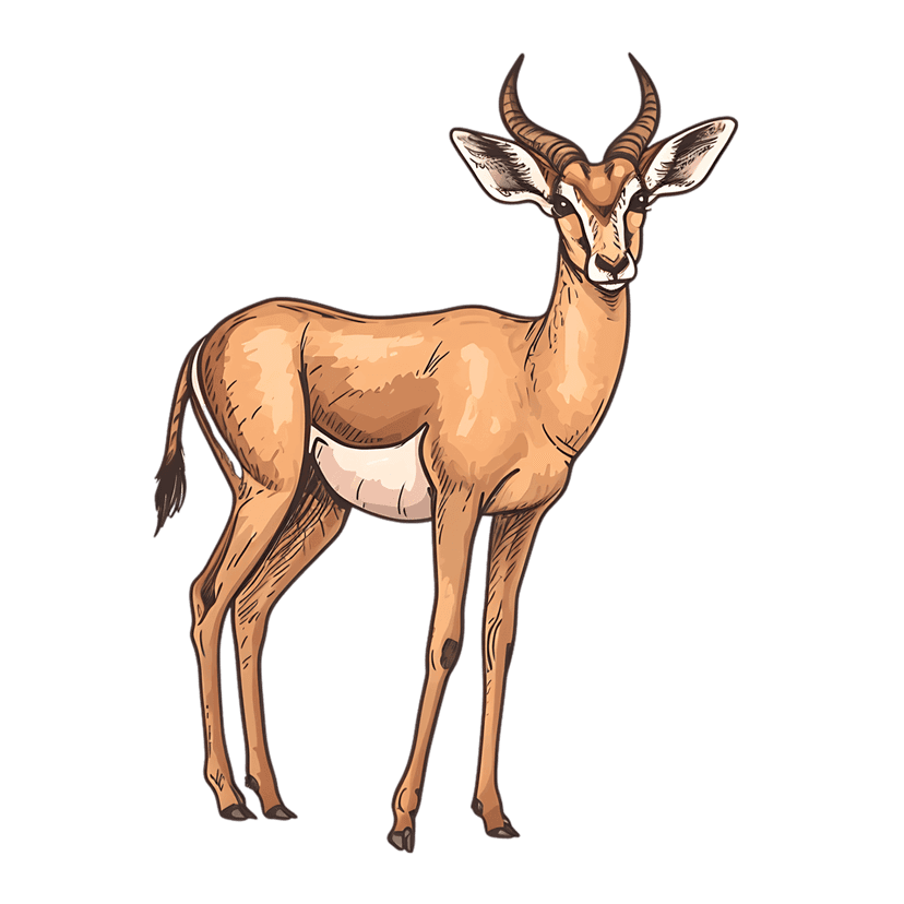 Gazelle with curving horns stands in profile view featuring warm tan fur and detailed anatomical sketching.