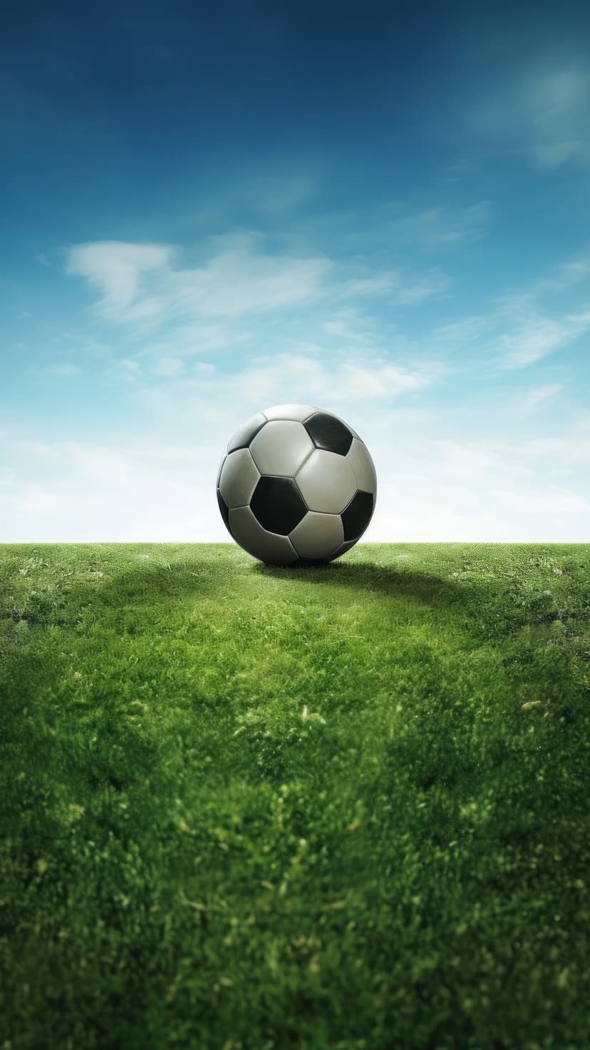 Soccer ball on a green grass field under a bright blue sky with thin white clouds and soft shadows on the turf.