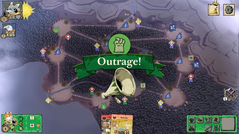 Woodland strategy game map with a green Outrage banner and megaphone over a detailed forest landscape.