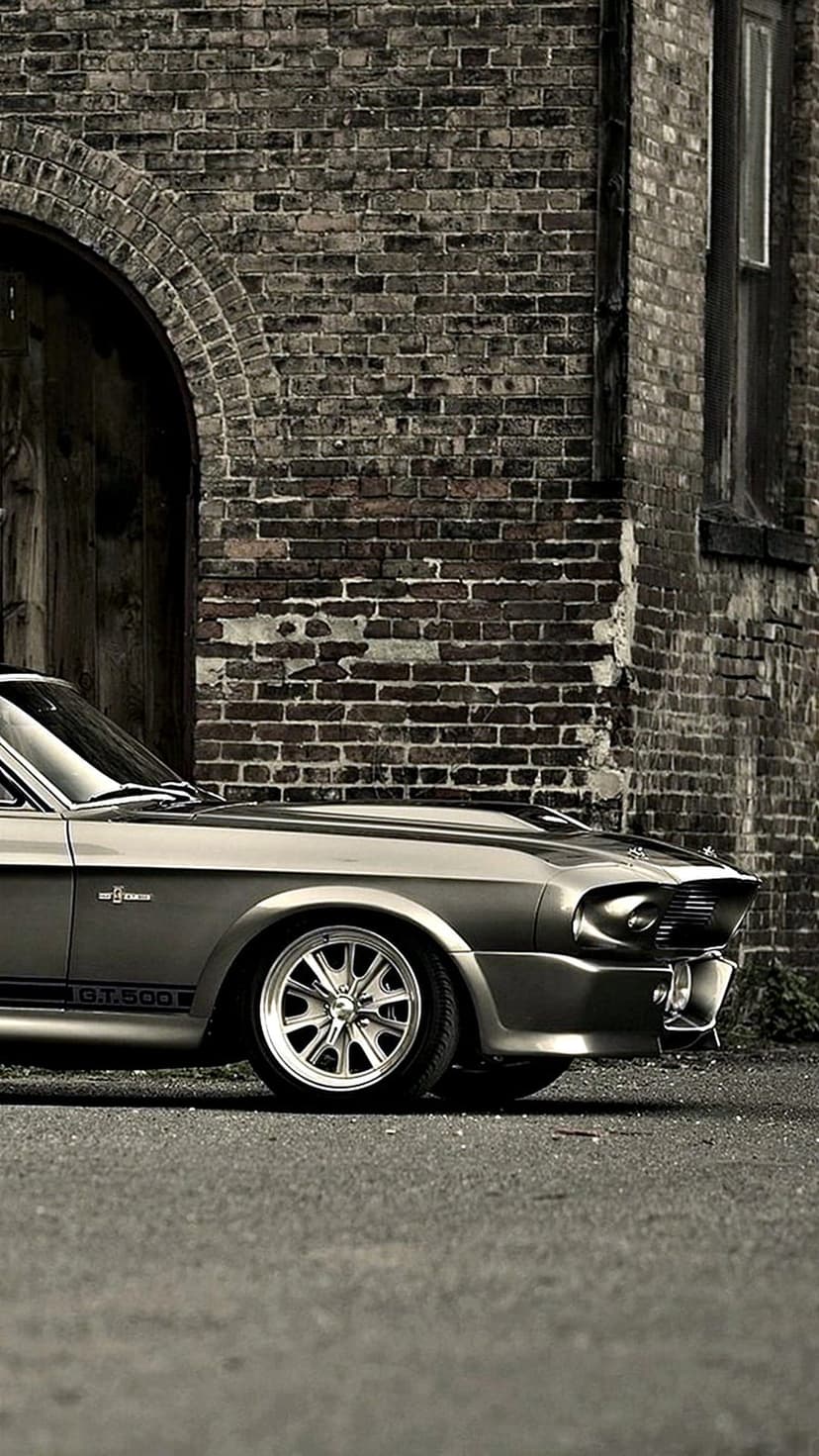 Ford Mustang GT500 parked by a brick arched doorway in a high-contrast black and white vertical composition.