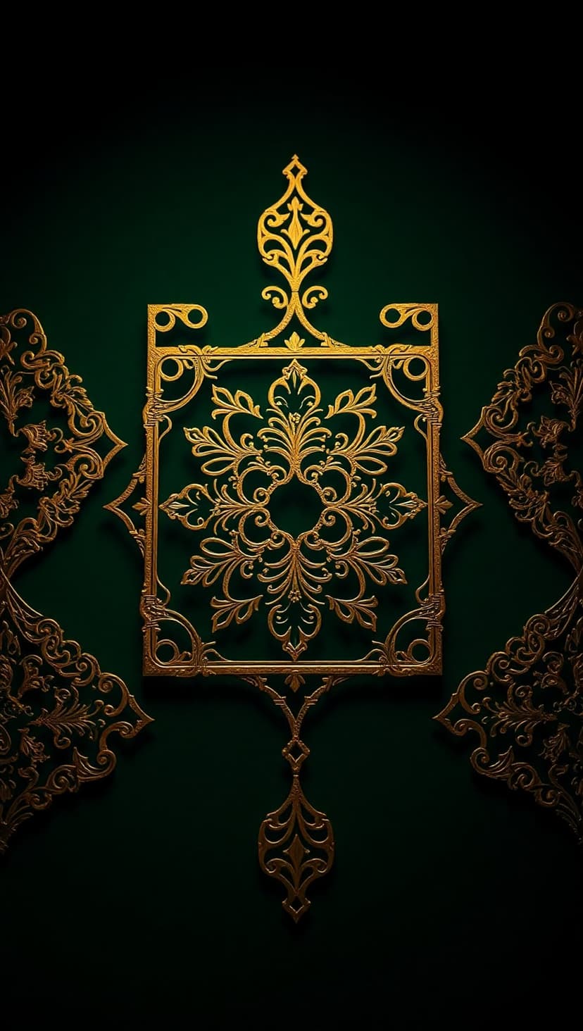 Symmetrical golden damask patterns and floral arabesque motifs layered over a dark forest green textured surface.