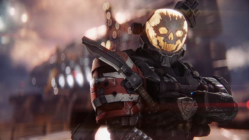 Spartan Emile-A239 in heavy armor with a skull-etched helmet and shoulder knife in a blurred urban setting.