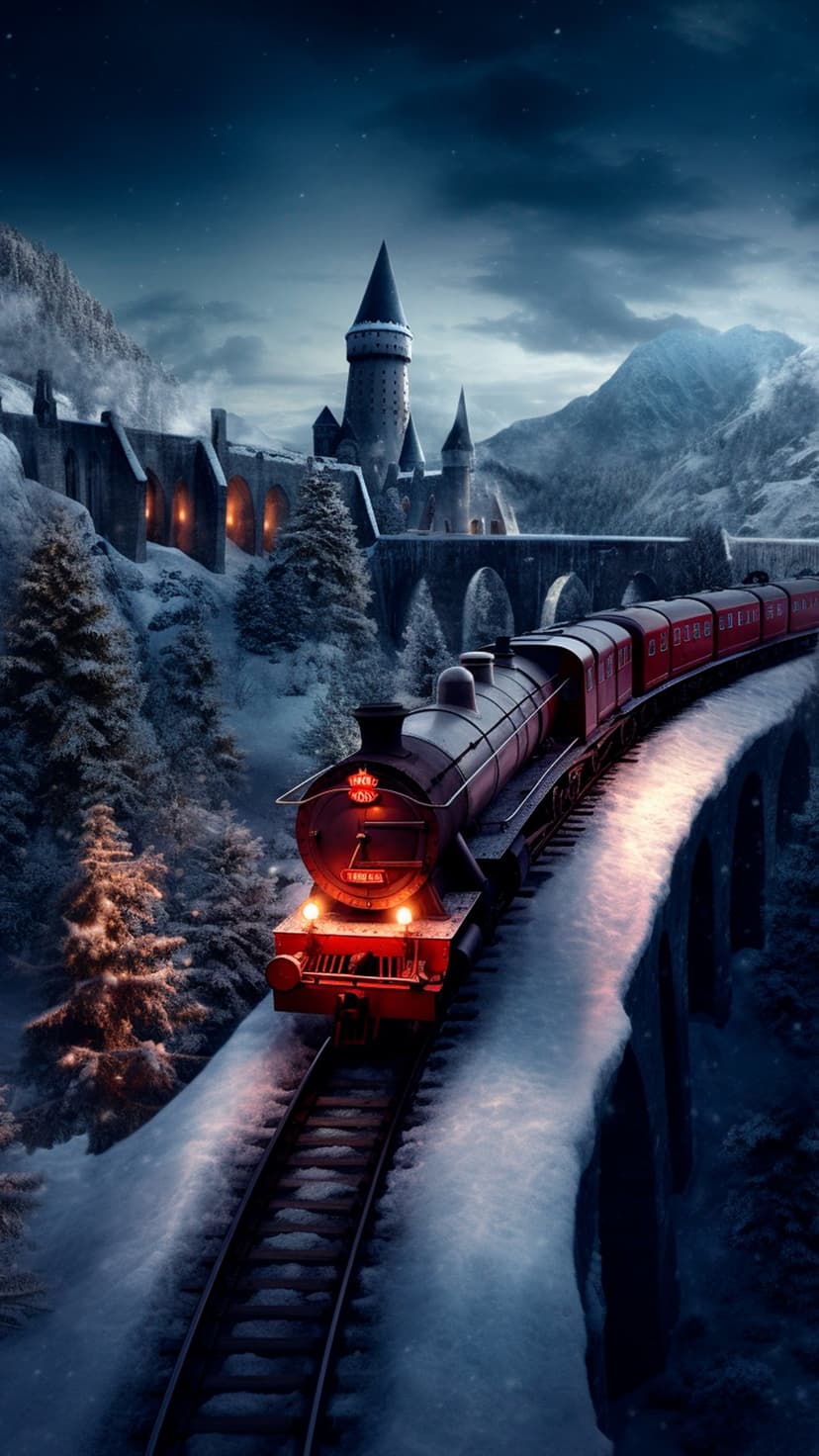 Steam locomotive traveling through a snowy mountain valley toward a lit castle under a starry night sky.