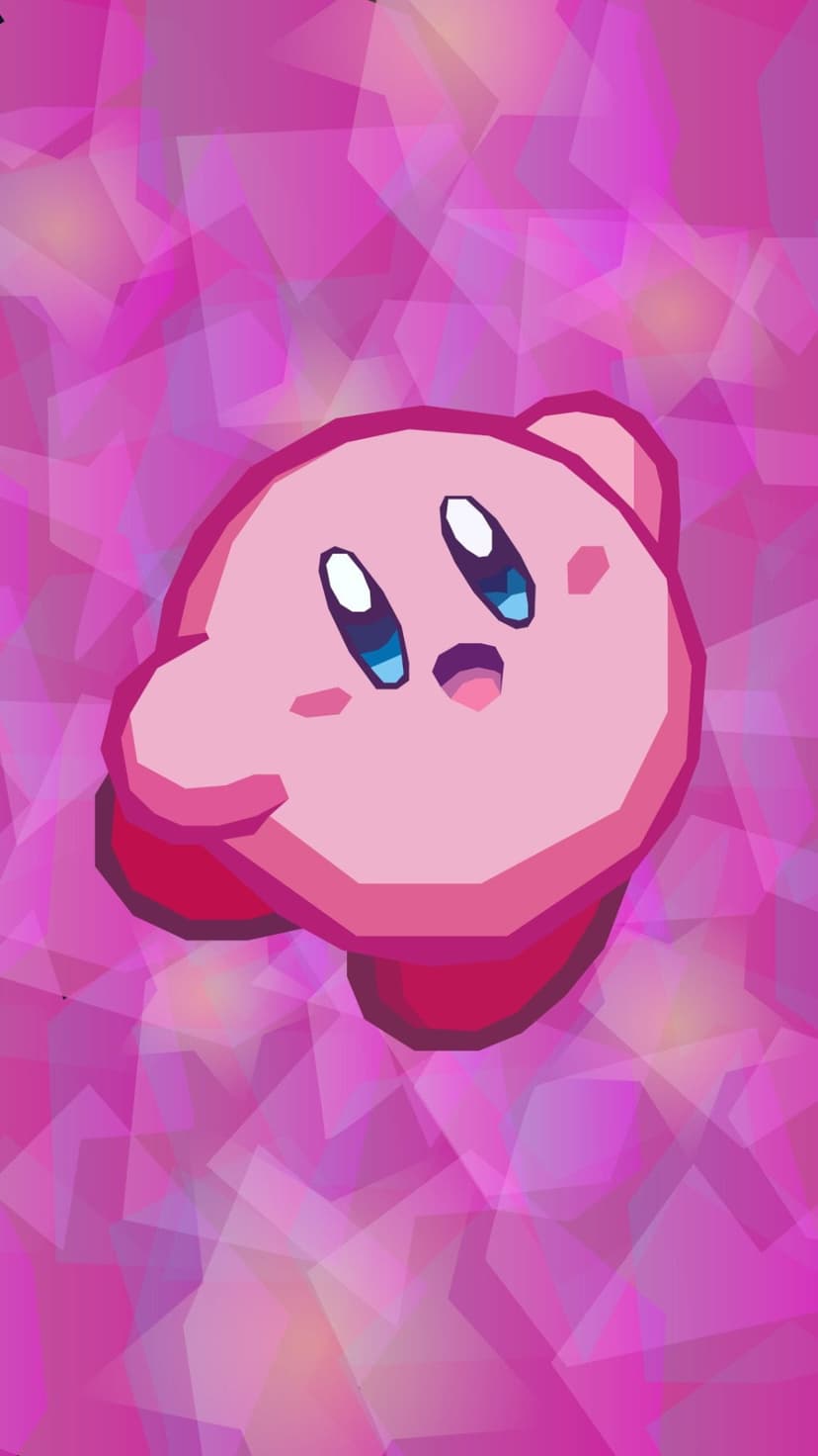 Kirby floats with a cheerful expression against a pink and purple background of layered geometric shapes.