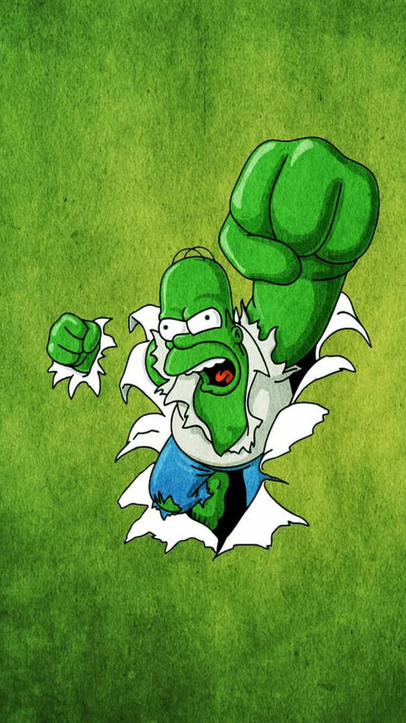 Homer Simpson with muscular green skin tears through a white paper surface while wearing a shredded blue shirt.
