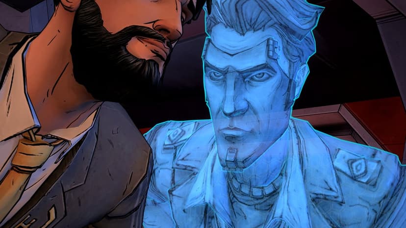 Close-up of Rhys facing a blue holographic Handsome Jack in a cel-shaded sci-fi scene with neon lighting.