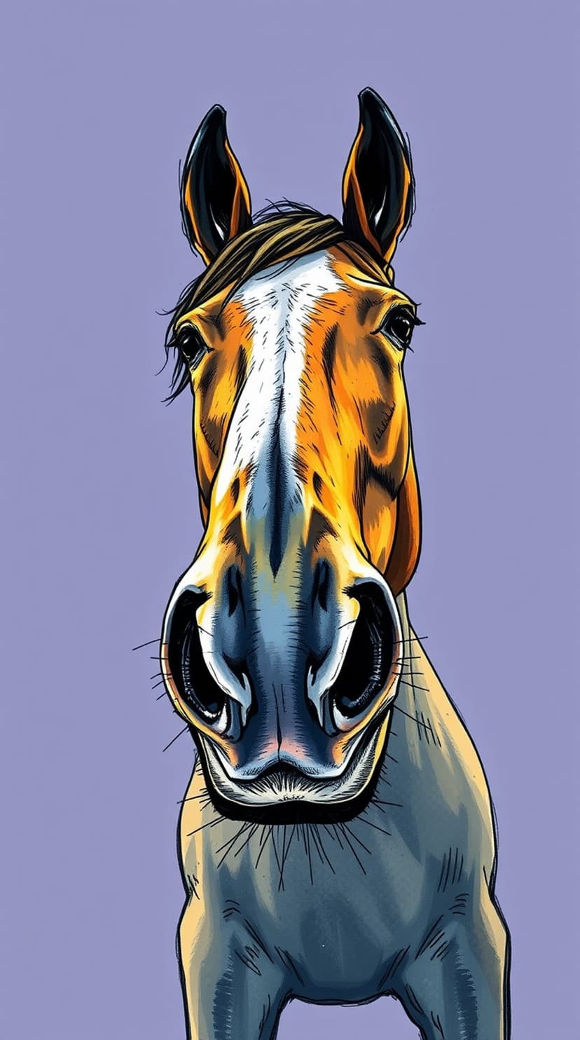 Horse with a white blaze and dark eyes faces forward against a solid purple background in a close-up portrait.