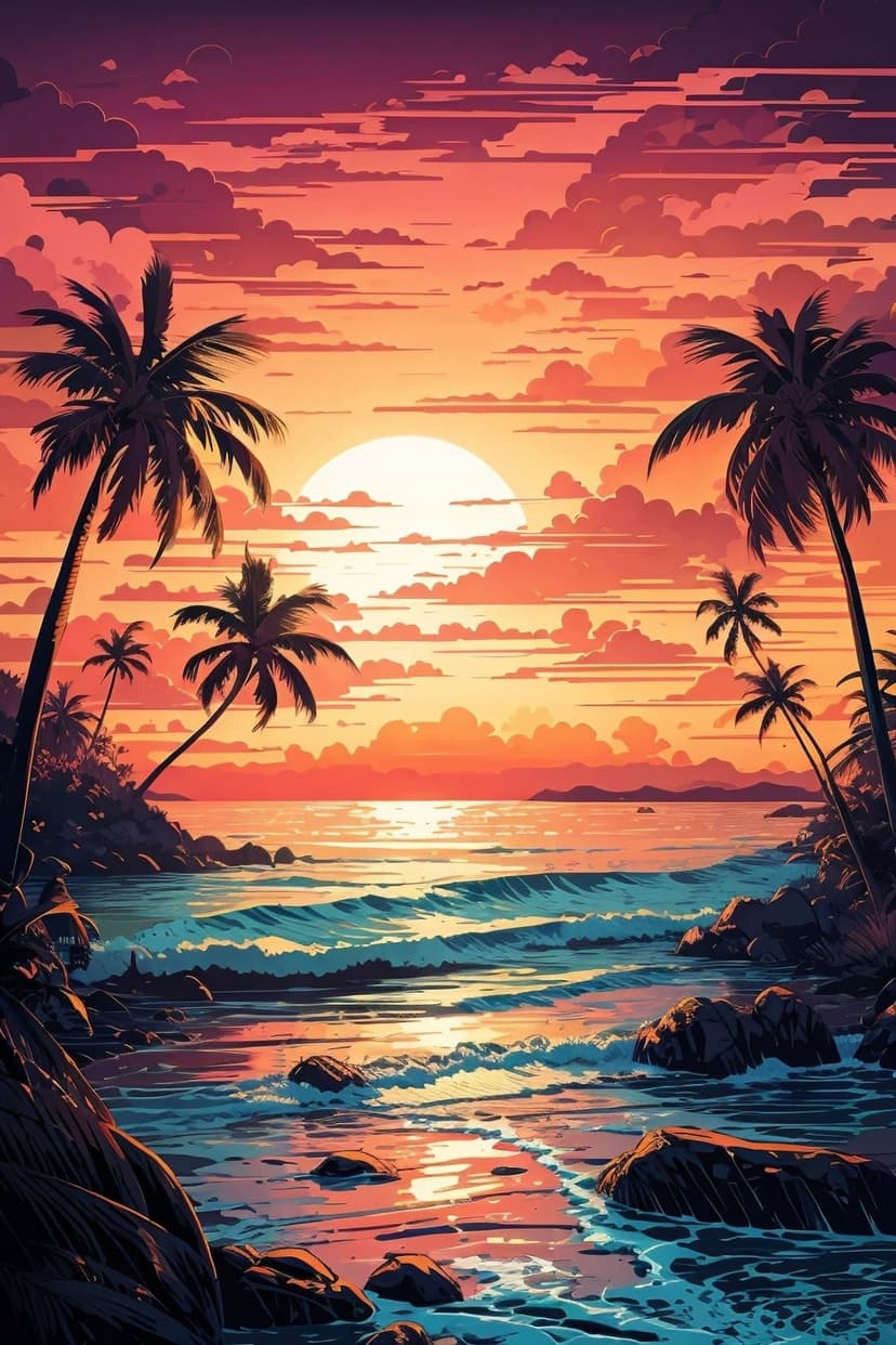 Tall palm trees silhouette against a radiant orange and purple sunset as waves wash over a rocky beach at dusk.