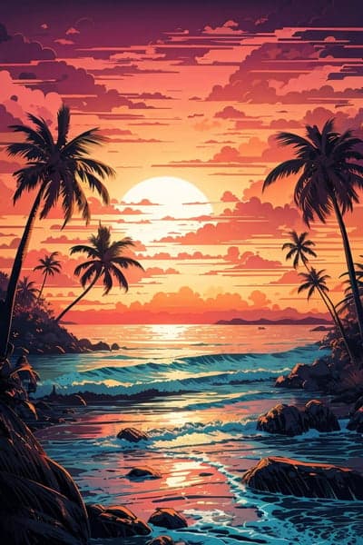 Tropical Sunset with Palm Trees and Ocean Waves