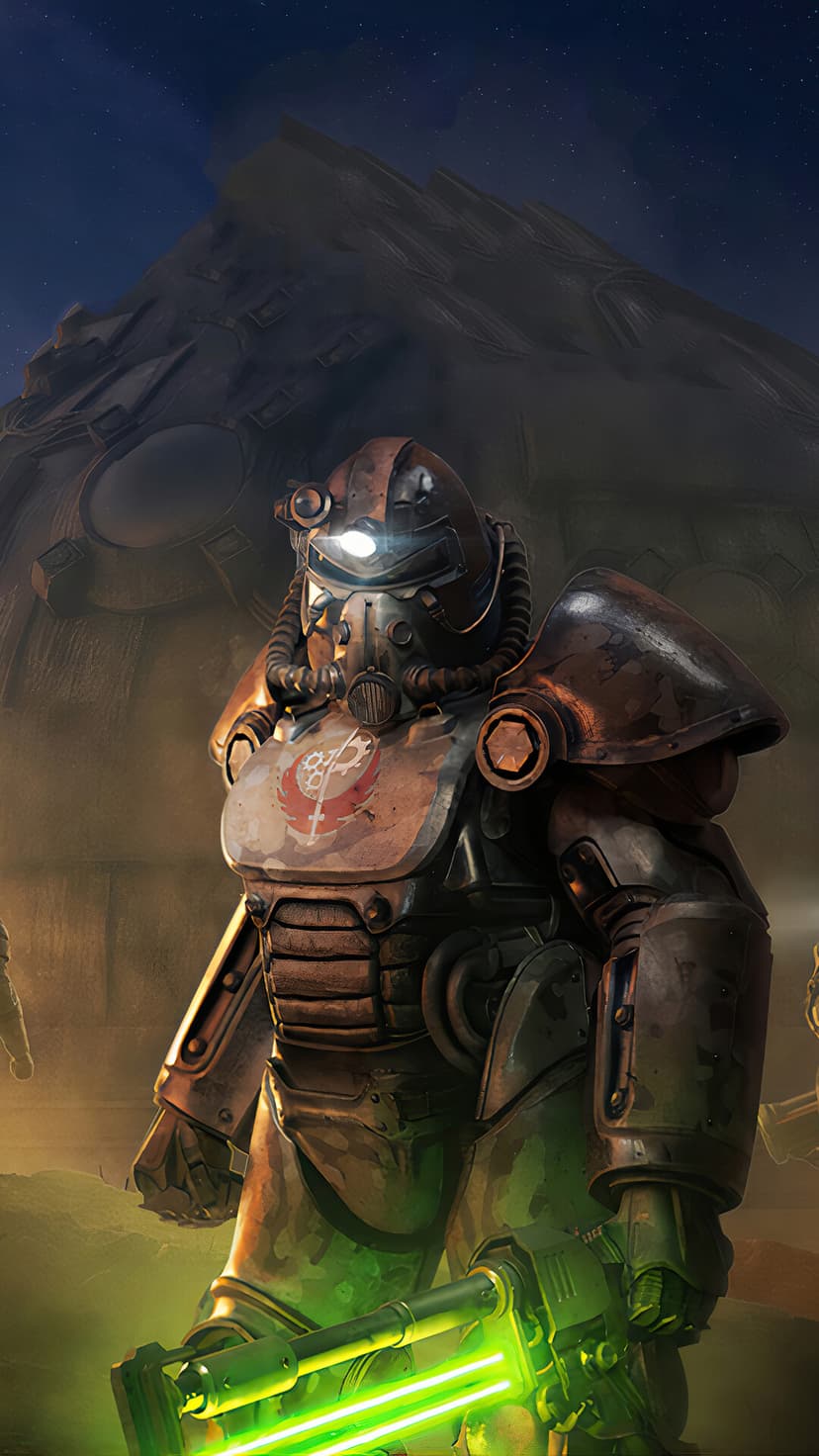 Fallout Brotherhood of Steel Paladin in heavy Power Armor holding a glowing green Gatling Laser at night.