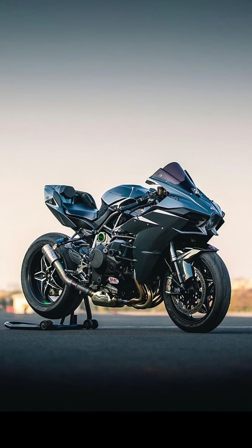 Kawasaki Ninja H2R motorcycle with carbon fiber winglets and a green trellis frame in a sharp vertical profile.