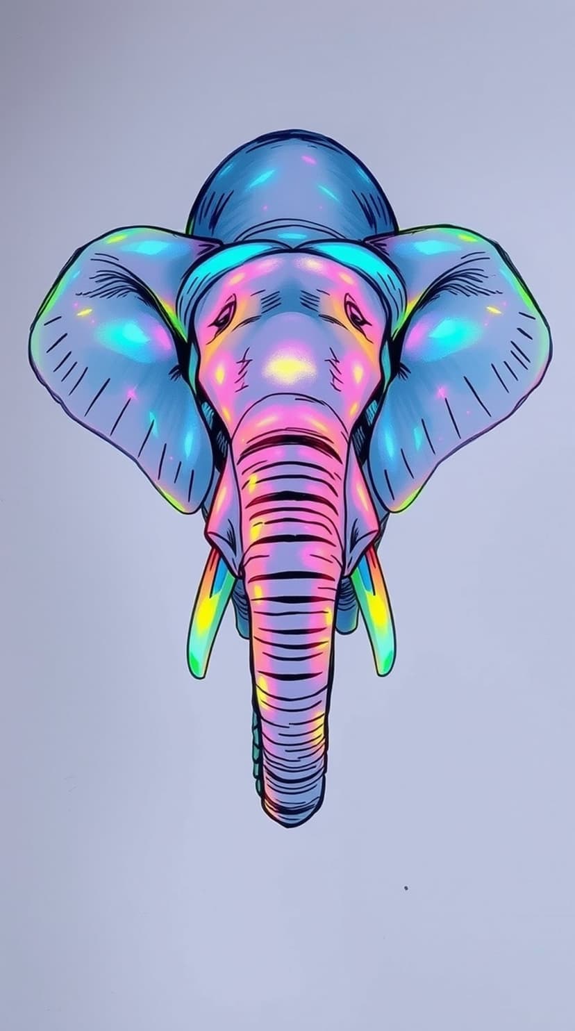 Elephant head with holographic skin, shimmering iridescent ears, and glowing neon tusks on a dark background.