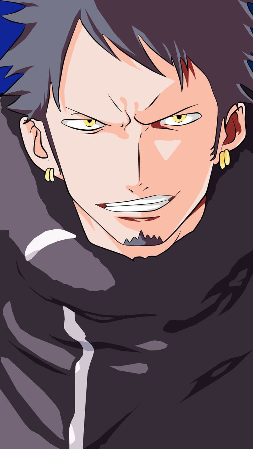 Trafalgar Law smirks with piercing yellow eyes, dark facial hair, and gold earrings against navy blue shadows.