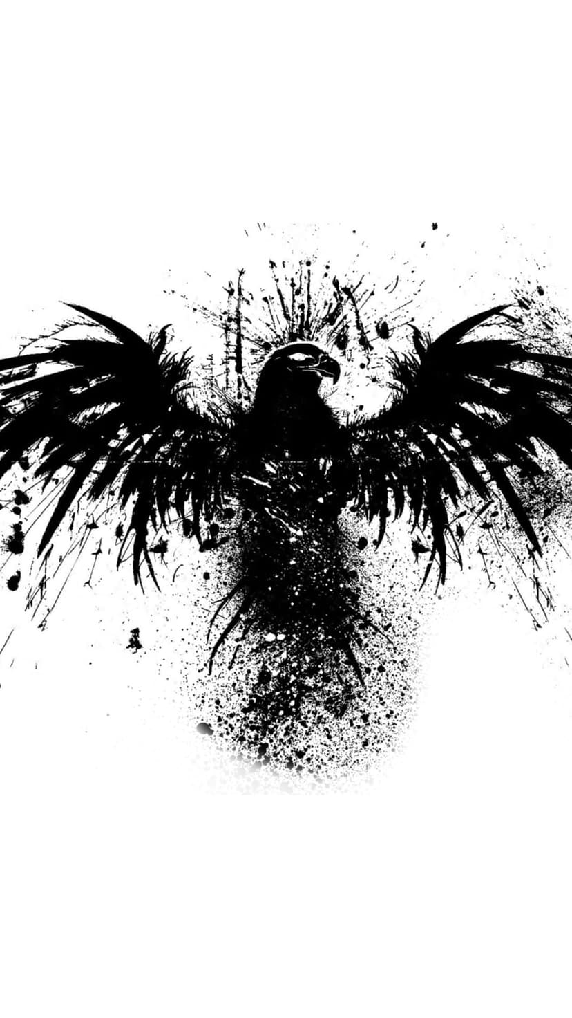 Eagle with outstretched wings rendered in black ink splatters and grunge brushstrokes on a white background.