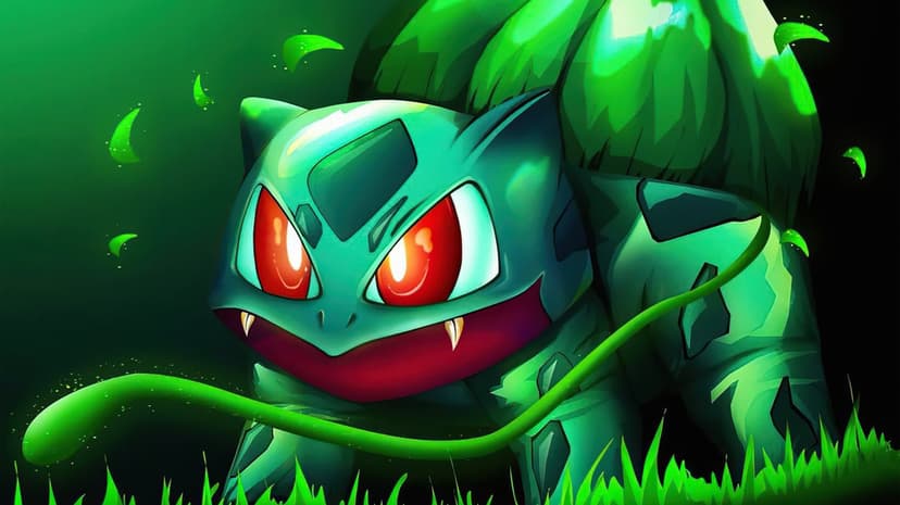 Bulbasaur with glowing red eyes and fangs in a dark grass field with floating green leaves and a vine whip visible.