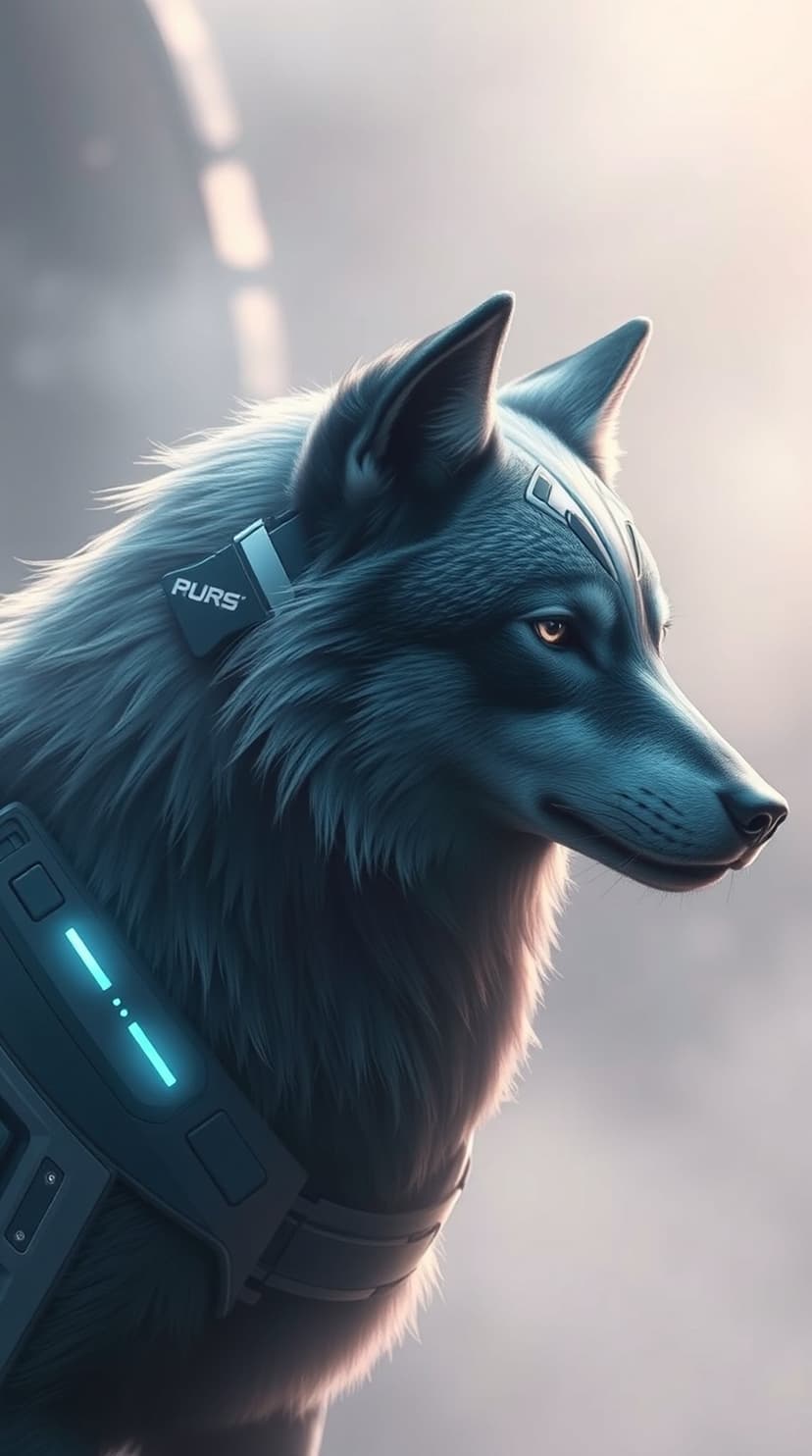 Cybernetic wolf with glowing blue fur and tactical headgear featuring intricate mechanical armor plating.