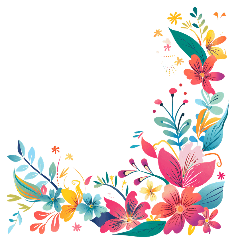 Floral corner arrangement featuring saturated pink blooms and green leaves against a transparent background.