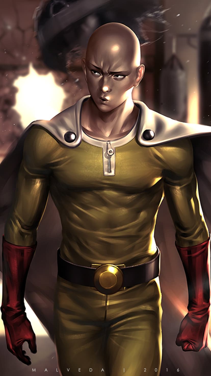 Saitama wearing a yellow suit and red gloves stares forward with a serious expression against a dark background.