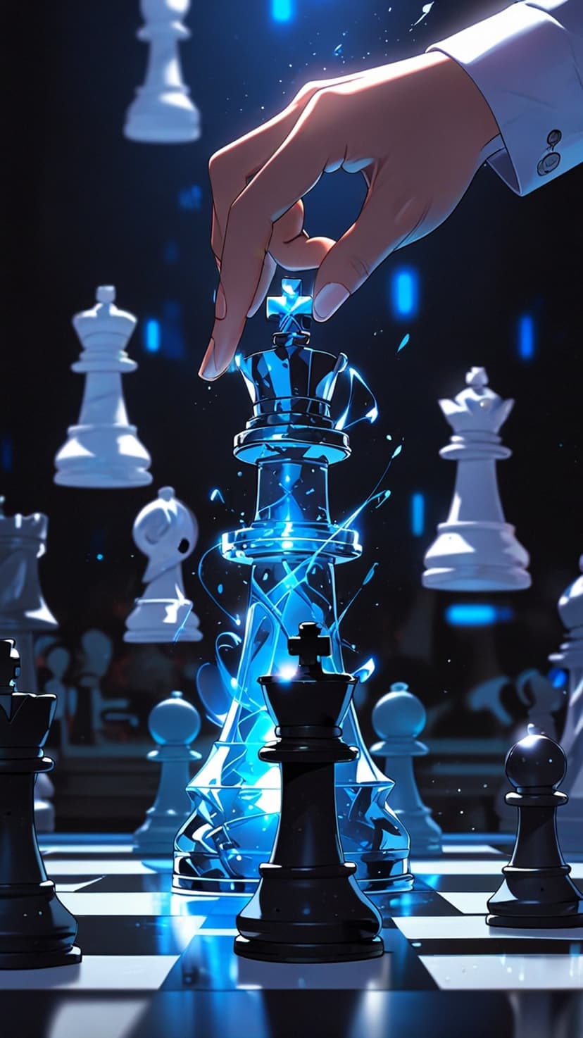 Glowing blue king chess piece held by a hand over a dark board with translucent ethereal game figures.