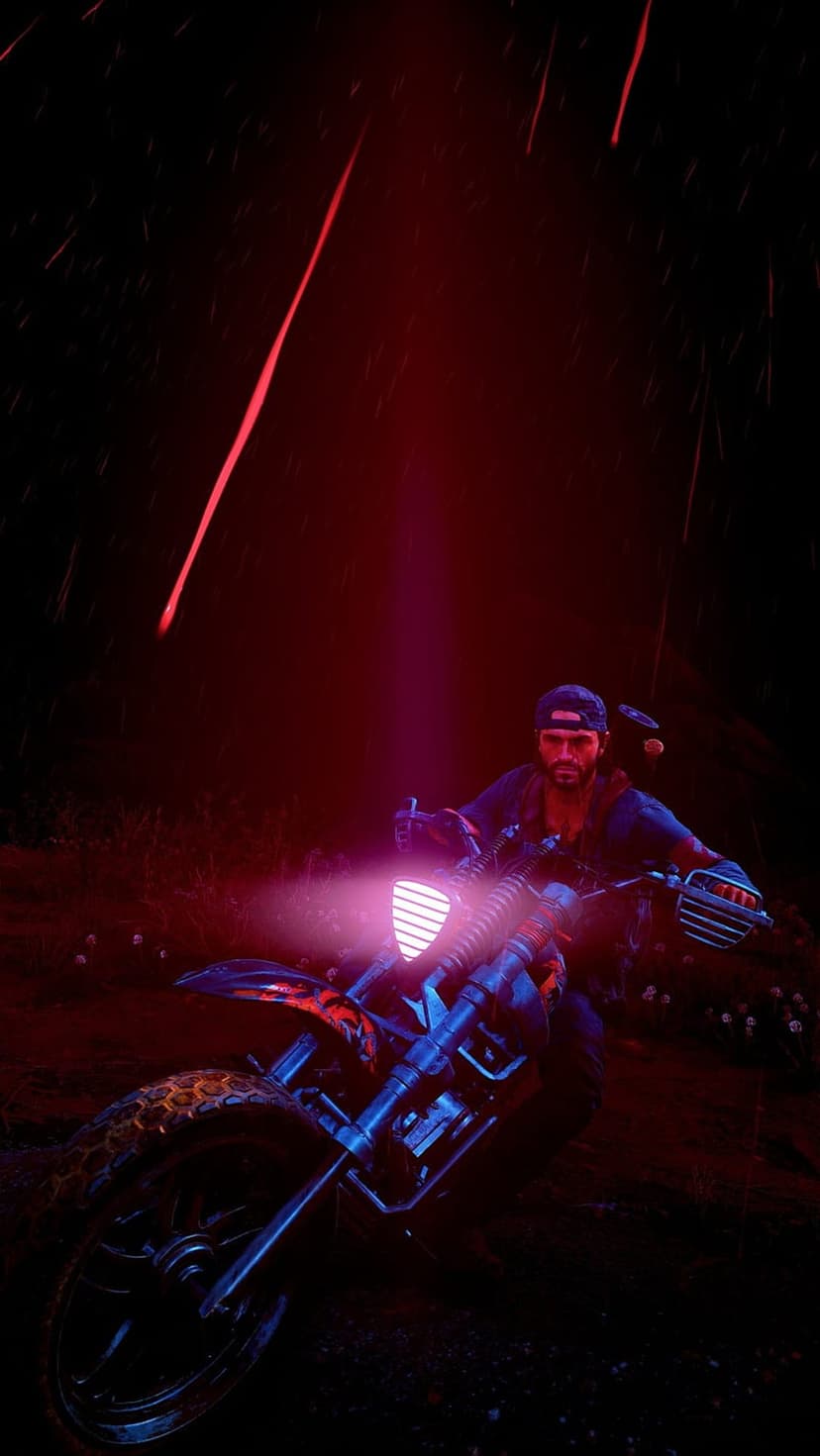 Biker on a motorcycle speeds through darkness under a night sky filled with glowing red atmospheric light beams.