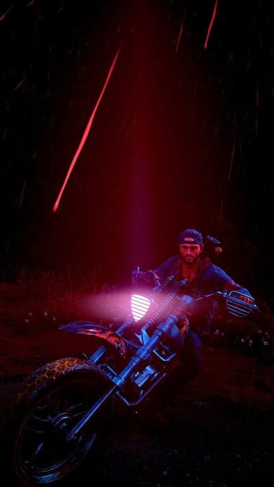 Cinematic Motorcyclist Under Crimson Streaks Phone Background
