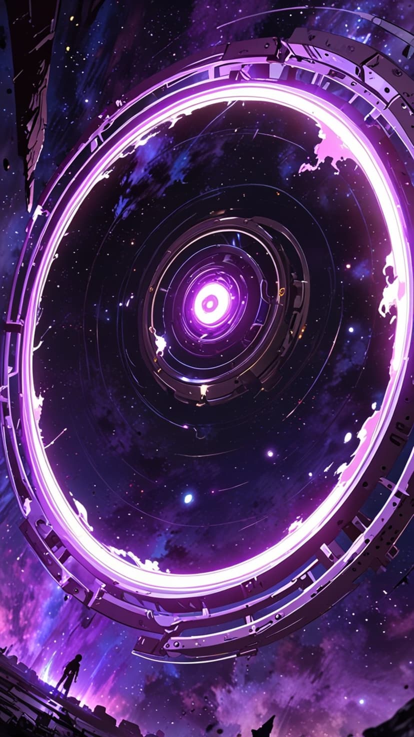 Giant glowing purple portal stands above a lone silhouette on a rocky surface within a star-filled nebula.