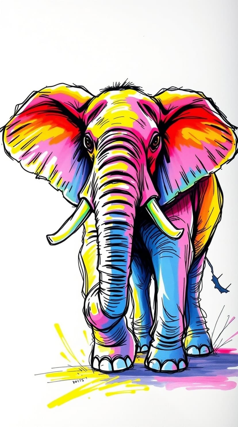 Elephant head with vibrant pink, yellow, and blue patterns outlined in thick black ink for phone backgrounds.
