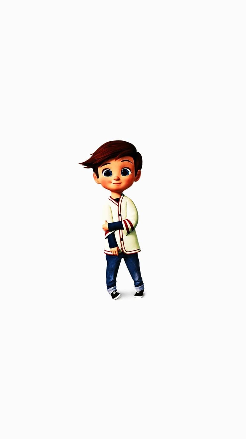 Smiling boy with brown hair wearing a white jacket and blue jeans standing against a plain white background.