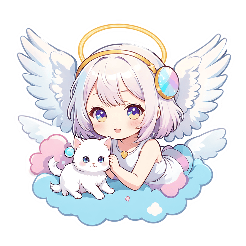 Chibi angel girl wearing iridescent headphones sits on pink clouds with a fluffy white cat illustration.