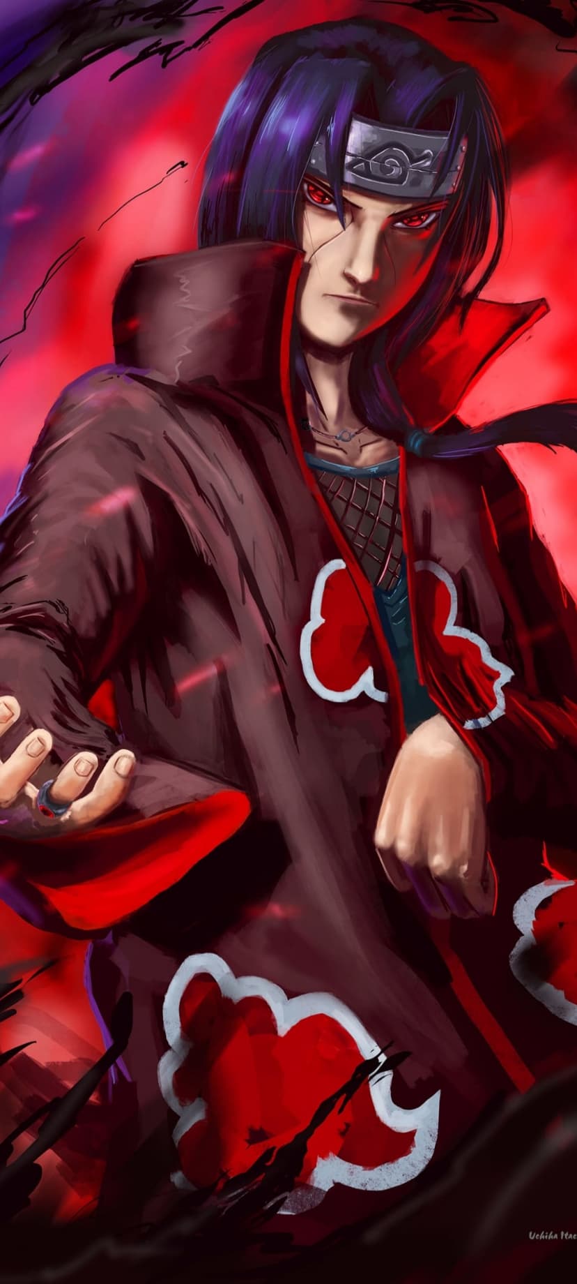 Itachi Uchiha wears a black Akatsuki cloak with red clouds while his crimson Sharingan eyes glow intensely.