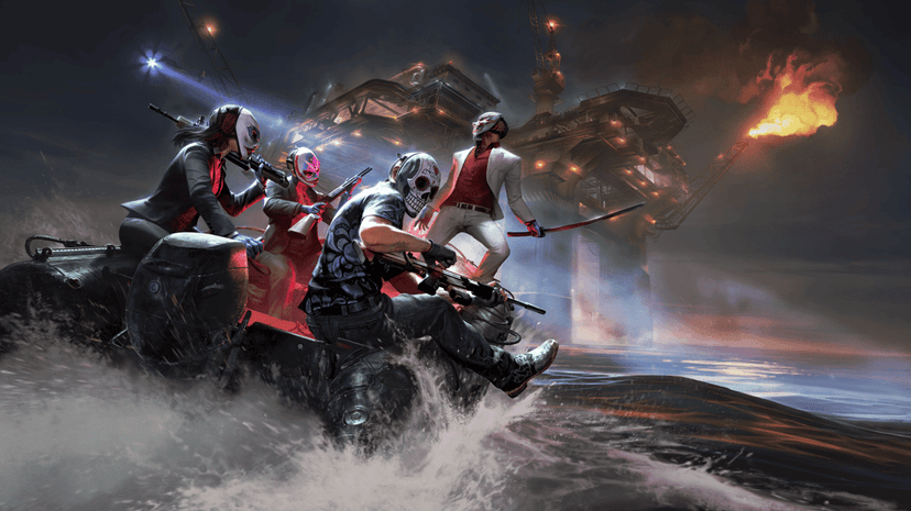 Payday 2 characters Jiro, Sangres, Bonnie, and Clover wearing masks in a cinematic digital action scene.