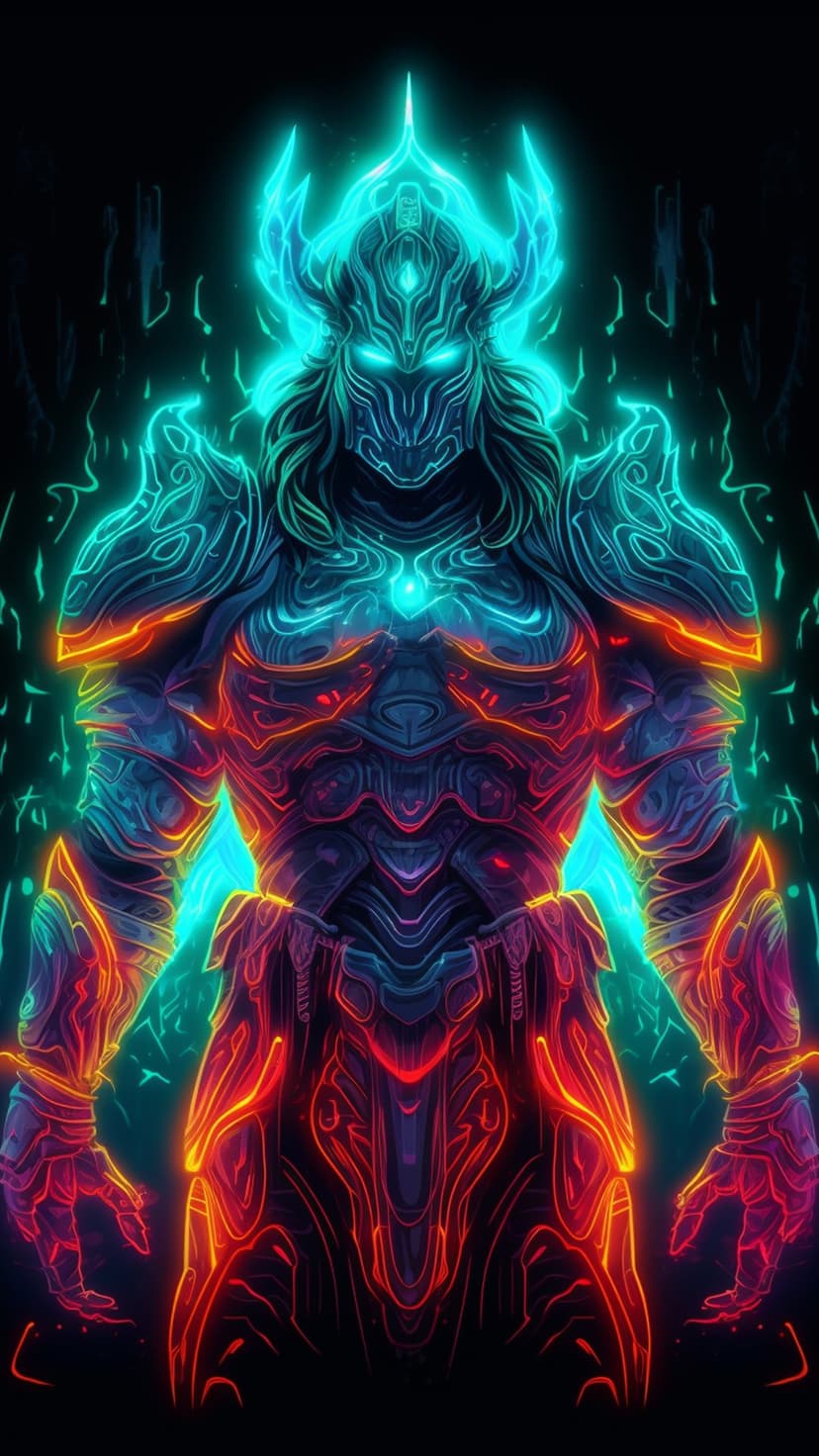 Cybernetic warrior in glowing neon armor stands against a dark backdrop with orange and cyan light highlights.