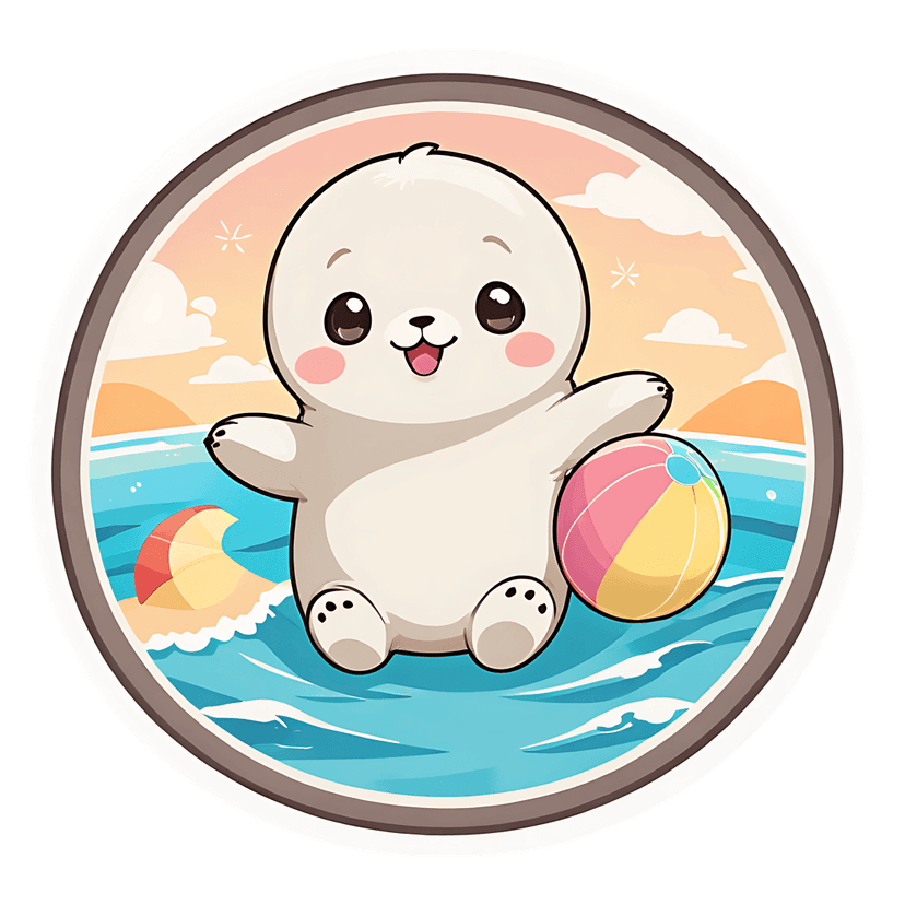 White seal clipart holding a pink beach ball in blue water near a sandy shore with a red umbrella and hills.