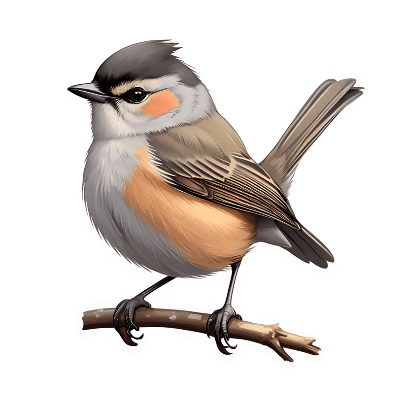 Nuthatch bird sticker with gray feathers and orange breast perches on a brown branch against a white outline.
