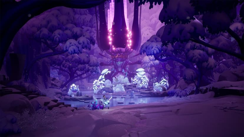 Character with a glowing white guitar stands in a surreal purple forest with bioluminescent alien flora and trees.