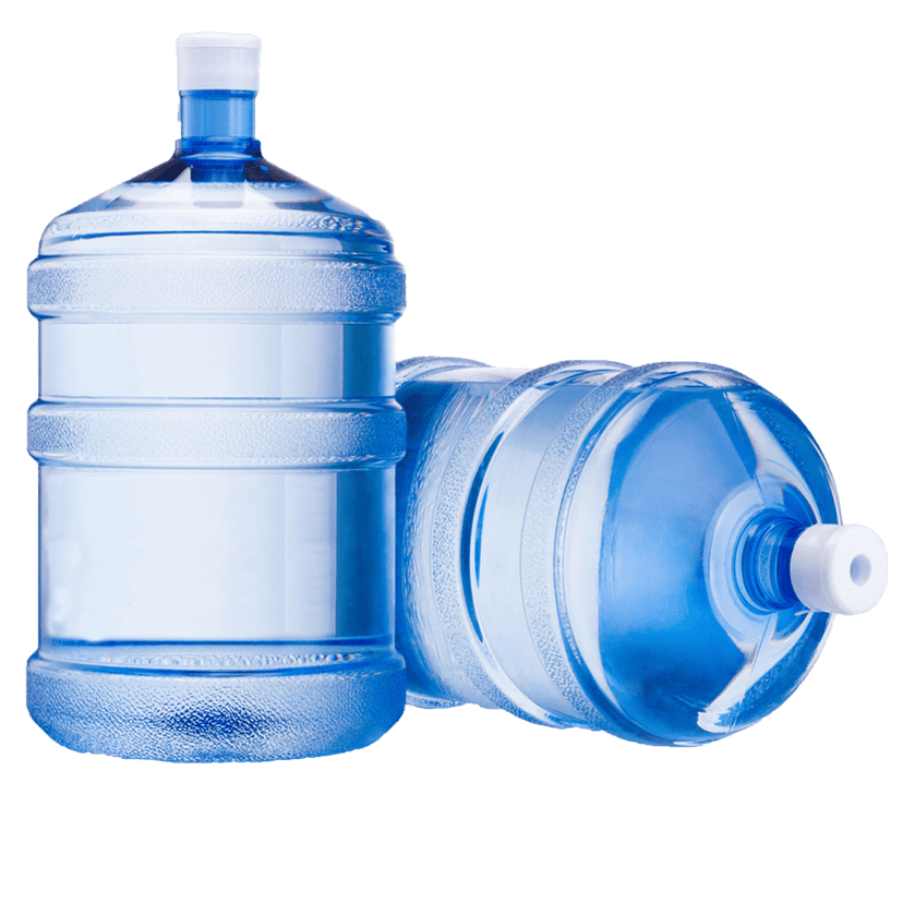 Gallon plastic water bottle featuring clear liquid and a blue cap against a transparent background.