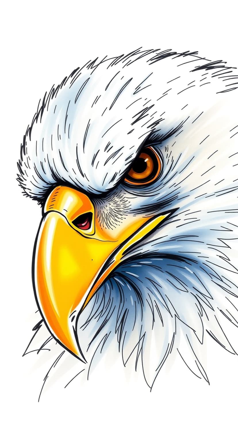 Amber eagle eye and a sharp golden beak surrounded by detailed white and gray feathers with blue highlights.