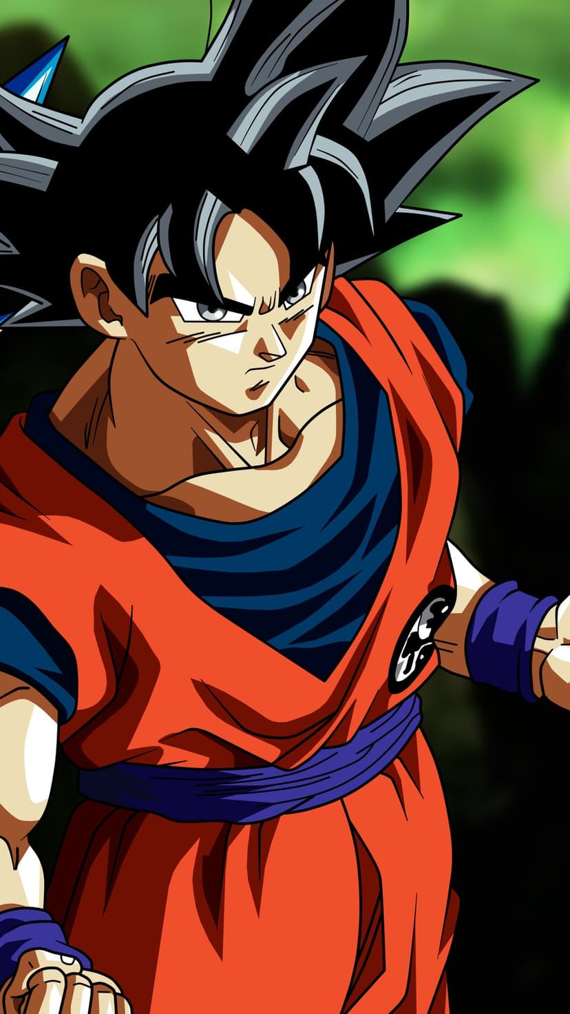 Goku in an orange gi looks ahead with a stern expression while standing against a blurred green background.