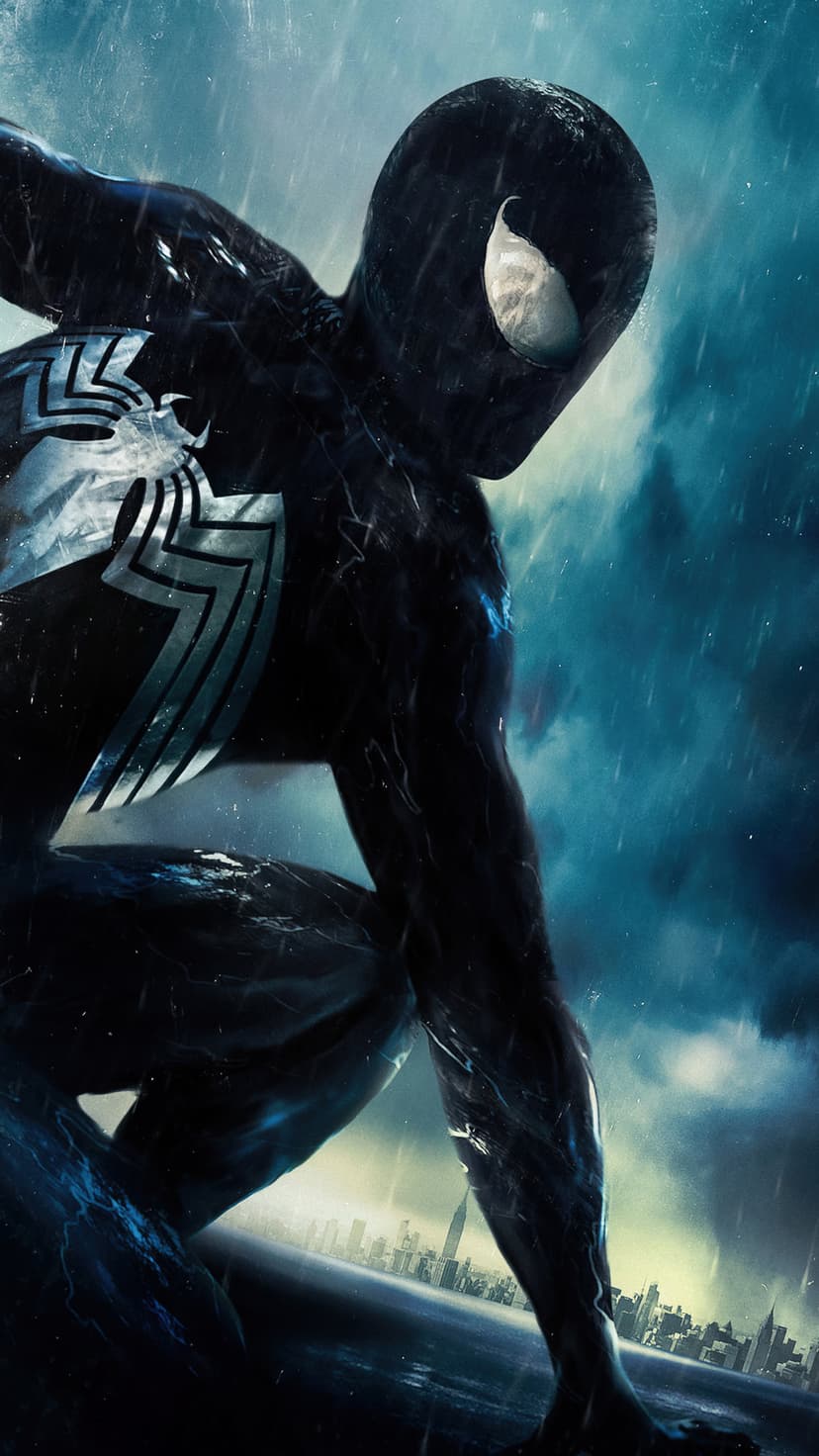 Black-suited Spider-Man crouches in heavy rain with a silver emblem against a blurred urban night cityscape.